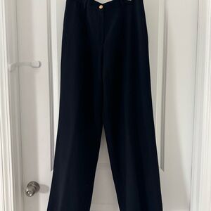 RALPH LAUREN Navy Worsted Wool Wide-Leg Trousers with Gold Button